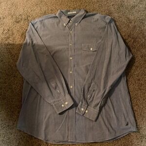 Men's Size XL Nautical Checked Navy Blue Casual Dress Shirt Button Up